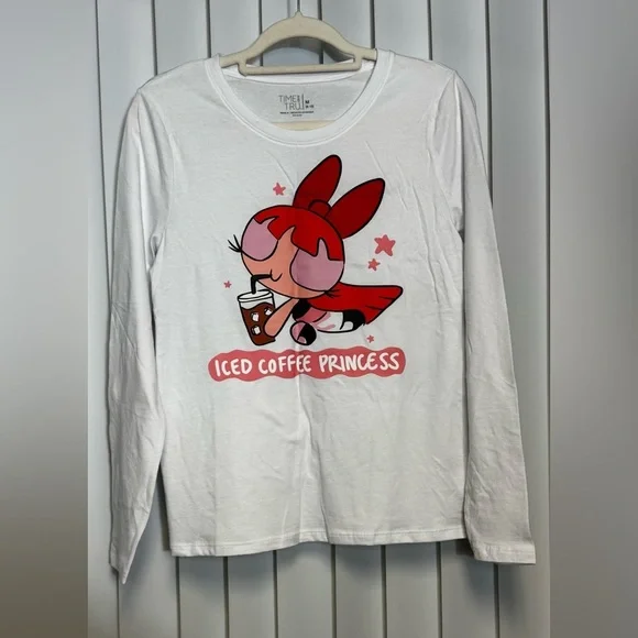Iced Coffee Princess Graphic Long Sleeve Tee White Cotton Size M - Picture 2 of 7
